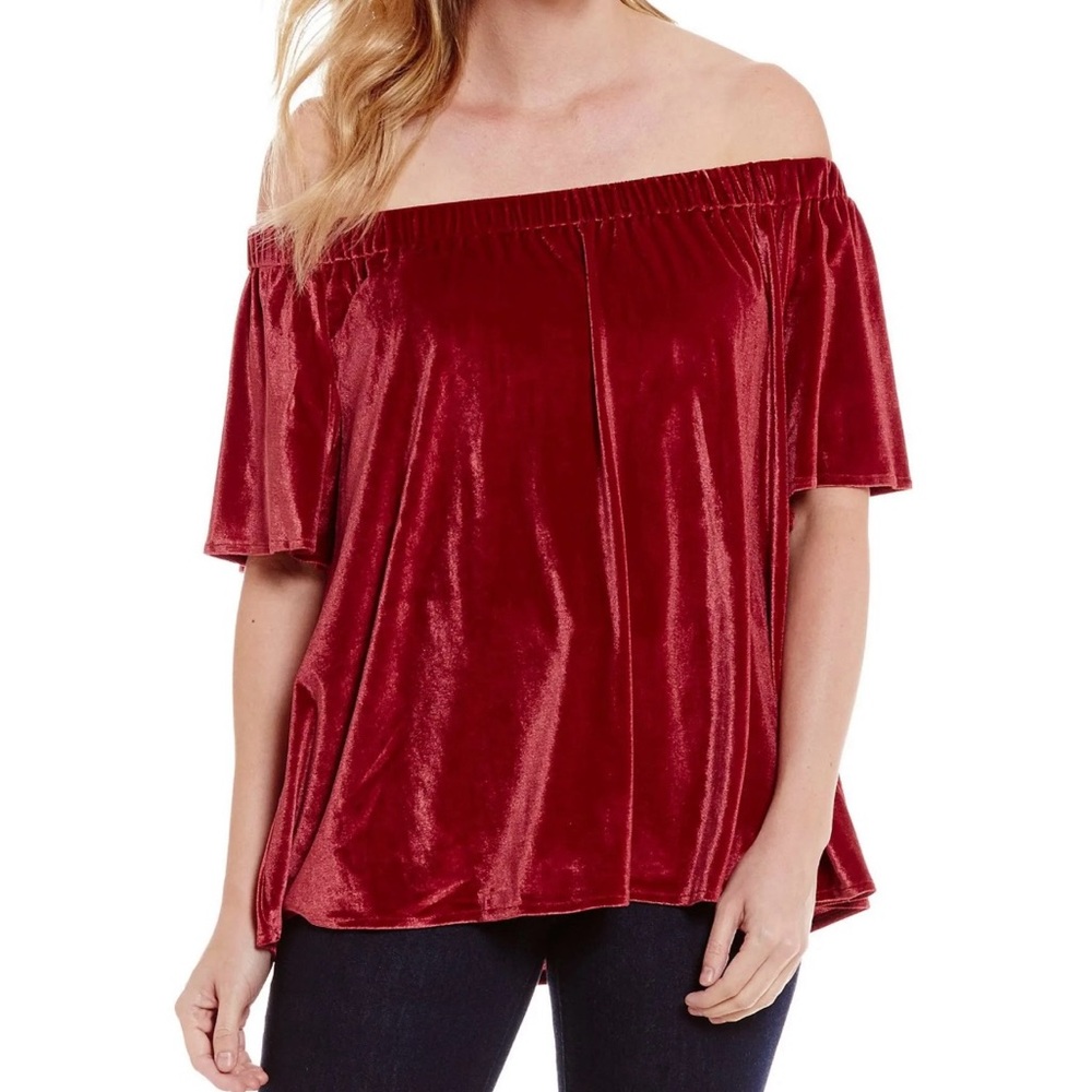 Chelsea & Theodore Red Velvet Off the Shoulder top